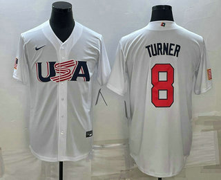 Mens USA Baseball #8 Trea Turner 2023 White World Baseball Classic Stitched Jersey